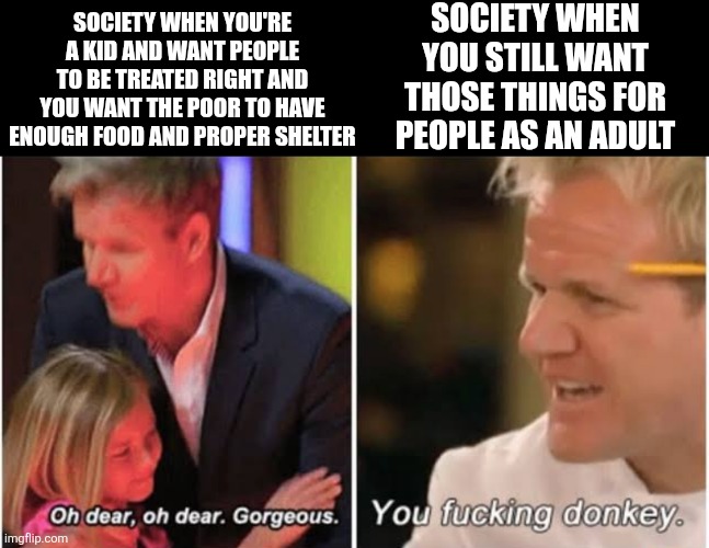 The basic human decency you had as a kid gets you called a "commie socialist libtard" as an adult | Society when you still want those things for people as an adult; Society when you're a kid and want people to be treated right and you want the poor to have enough food and proper shelter | image tagged in gordon ramsay kids vs adults,society,capitalism,humanity,values,scumbag republicans | made w/ Imgflip meme maker