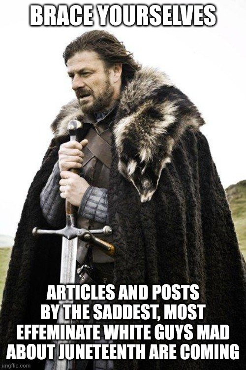 Truth | Brace yourselves; Articles and posts by the saddest, most effeminate white guys mad about juneteenth are coming | image tagged in brace yourself | made w/ Imgflip meme maker