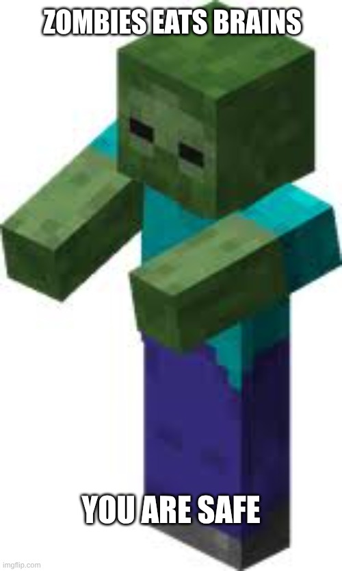 ZOmbies eats brains; you are safe | image tagged in meme,minecraft memes,fun,chill,zombies | made w/ Imgflip meme maker