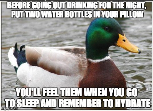 Actual Advice Mallard Meme | BEFORE GOING OUT DRINKING FOR THE NIGHT, PUT TWO WATER BOTTLES IN YOUR PILLOW YOU'LL FEEL THEM WHEN YOU GO TO SLEEP AND REMEMBER TO HYDRATE | image tagged in memes,actual advice mallard | made w/ Imgflip meme maker
