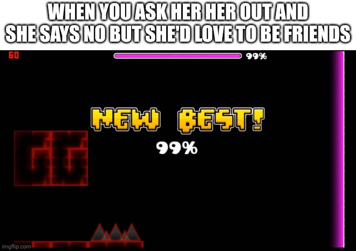 So close. | When you ask her her out and she says no but she'd love to be friends | image tagged in geometry dash fail 99 | made w/ Imgflip meme maker