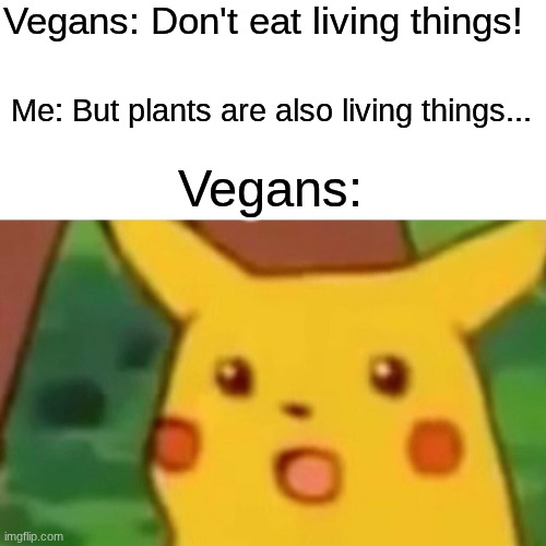 Vegans | Vegans: Don't eat living things! Me: But plants are also living things... Vegans: | image tagged in memes,surprised pikachu,stupid,vegans | made w/ Imgflip meme maker