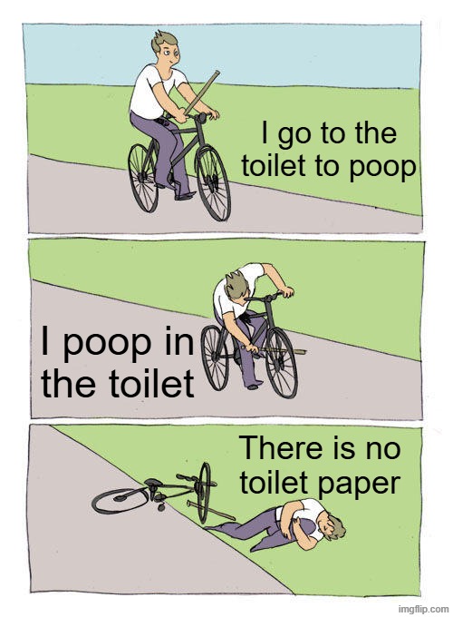 Bike Fall Meme | I go to the toilet to poop; I poop in the toilet; There is no toilet paper | image tagged in memes,bike fall | made w/ Imgflip meme maker