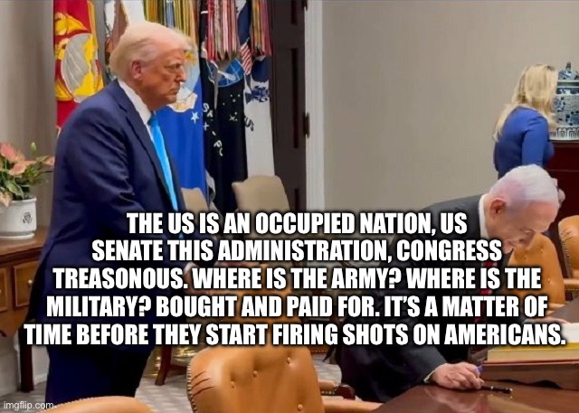 trump seats Bibi | The US is an occupied nation, US Senate this administration, Congress treasonous. Where is the army? Where is the military? Bought and paid for. It’s a matter of time before they start firing shots on Americans. | image tagged in trump seats bibi | made w/ Imgflip meme maker