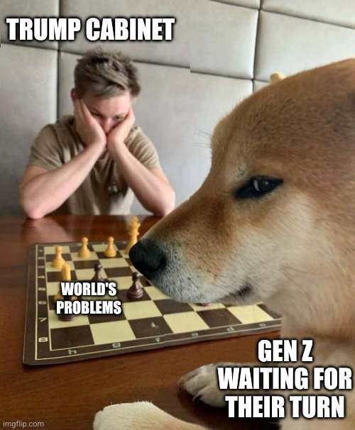 Generation Trump botched it, Gen Z will do better | Trump Cabinet; World's problems; Gen Z waiting for their turn | image tagged in chess doge,memes,donald trump,master strategist,foreign policy,gen z | made w/ Imgflip meme maker