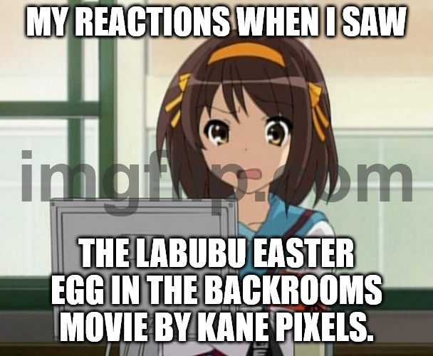 Haruhi Internet disturbed | my reactions when i saw; the labubu easter egg in the backrooms movie by kane pixels. | image tagged in haruhi internet disturbed | made w/ Imgflip meme maker