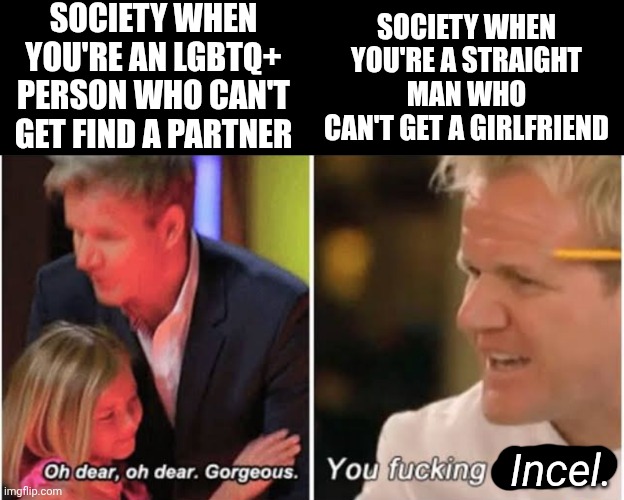 Society treats gays better than straight people | Society when you're an LGBTQ+ person who can't get find a partner; Society when you're a straight man who can't get a girlfriend; Incel. | image tagged in gordon ramsay kids vs adults,lgbtq,hypocrisy,double standards | made w/ Imgflip meme maker