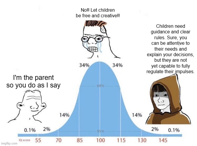 Bell Curve | No!! Let children be free and creative!! Children need guidance and clear rules. Sure, you can be attentive to their needs and explain your decisions, but they are not yet capable to fully regulate their impulses. I'm the parent so you do as I say | image tagged in bell curve | made w/ Imgflip meme maker