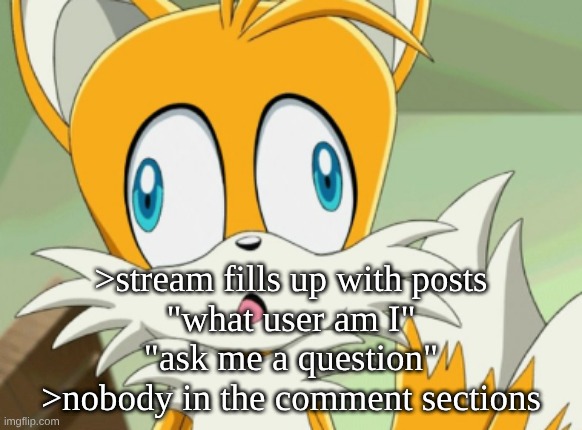 tails derp | >stream fills up with posts
"what user am I"
"ask me a question"
>nobody in the comment sections | image tagged in tails derp | made w/ Imgflip meme maker
