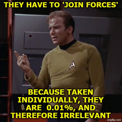 They have to 'join forces' because taken individually, they are  0.01%, and therefore irrelevant | image tagged in kirk considering | made w/ Imgflip meme maker