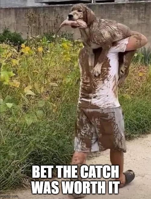 Mud Dog | Bet the catch was worth it | image tagged in dogs | made w/ Imgflip meme maker