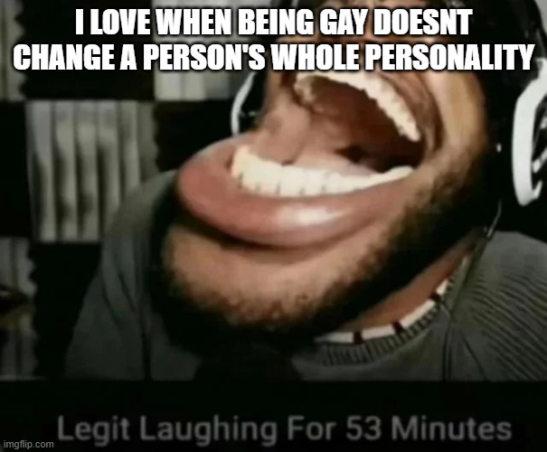 Legit Laughing For 53 Minutes | i love when being gay doesnt change a person's whole personality | image tagged in legit laughing for 53 minutes | made w/ Imgflip meme maker