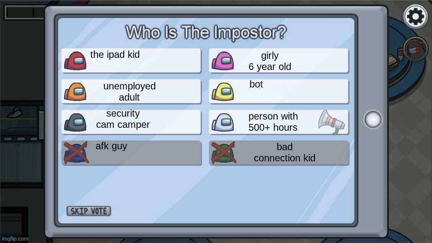 Among Us stereotypes | girly 6 year old; the ipad kid; bot; unemployed adult; security cam camper; person with 500+ hours; afk guy; bad connection kid | image tagged in among us voting screen template,getting old | made w/ Imgflip meme maker