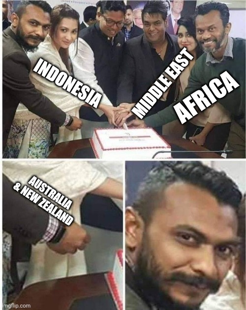 People cutting cake | Indonesia; Middle East; Africa; Australia & New Zealand | image tagged in people cutting cake | made w/ Imgflip meme maker