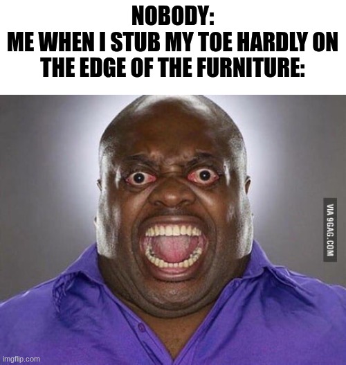 OUCH!!! | nobody:
me when I stub my toe hardly on the edge of the furniture: | image tagged in stub,toe,furniture,hardly | made w/ Imgflip meme maker