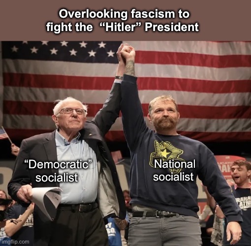 I guess they are fighting fire with fire? | Overlooking fascism to fight the  “Hitler” President; “Democratic” socialist; National socialist | image tagged in politics lol,memes,progressives,liberal logic | made w/ Imgflip meme maker