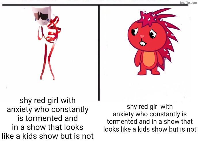 the similarities are crazy | shy red girl with anxiety who constantly is tormented and in a show that looks like a kids show but is not; shy red girl with anxiety who constantly is tormented and in a show that looks like a kids show but is not | image tagged in comparison table,tadc,htf,simularities | made w/ Imgflip meme maker