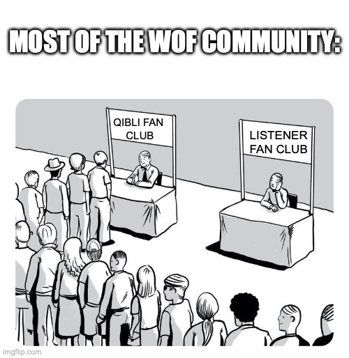Bet u almost forgot her | Most of the Wof community:; Qibli Fan 
Club; Listener Fan club | image tagged in queue | made w/ Imgflip meme maker