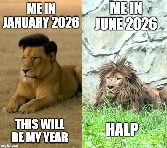 How the 2026 is coming along | me in june 2026; me in january 2026; HALP; this will be my year | image tagged in 2026,lion,goals | made w/ Imgflip meme maker