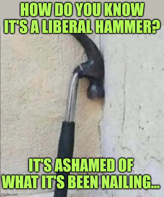 How do you know | How do you know it's a liberal hammer? It's ashamed of what it's been nailing... | image tagged in liberal,hammer | made w/ Imgflip meme maker