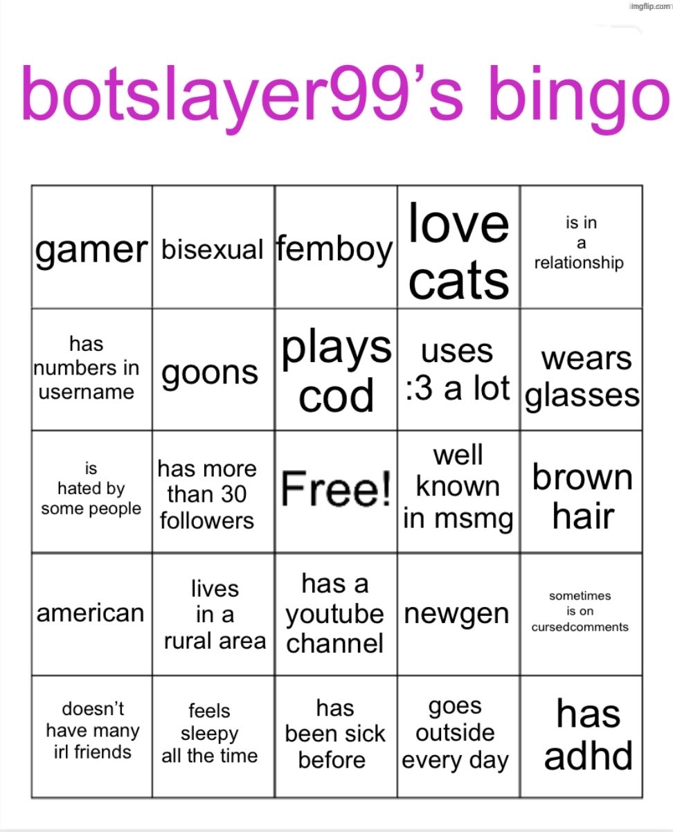 i made a bingo | image tagged in botslayer bingo,femboy,femboys | made w/ Imgflip meme maker