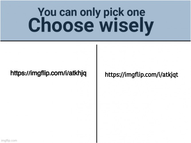 You must pick one | https://imgflip.com/i/atkjqt; https://imgflip.com/i/atkhjq | image tagged in memes,choose wisely | made w/ Imgflip meme maker