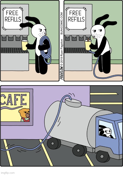 Buni Comics | image tagged in comics,buni comics,bunidad,coffee,free refills,tanker truck | made w/ Imgflip meme maker