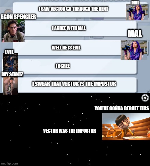 VECTOR?! | mal; i saw vector go through the vent; egon spengler; i agree with mal; mal; well he is evil; evie; I AgReE; ray stantz; i swear that vector is the impostor; YOU'RE GONNA REGRET THIS; VECTOR WAS THE IMPOSTOR | image tagged in among us chat,ghostbusters,vector saying oh yeah,despicable me,descendants | made w/ Imgflip meme maker