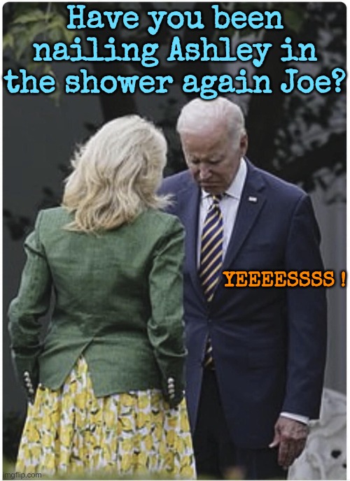 Jill scolds Joe Biden and he pouts | Have you been nailing Ashley in the shower again Joe? Yeeeessss ! | image tagged in jill scolds joe biden and he pouts | made w/ Imgflip meme maker