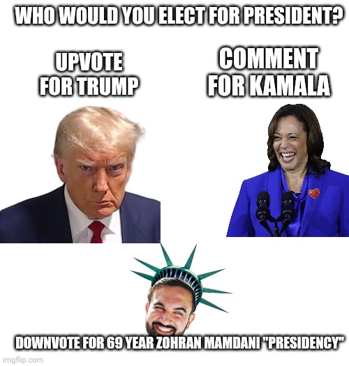 Vote for who you'd elect for US President | Who would YOU elect for president? Upvote for Trump; Comment for Kamala; Downvote for 69 year Zohran Mamdani "presidency" | image tagged in donald trump,kamala harris,mamdani | made w/ Imgflip meme maker