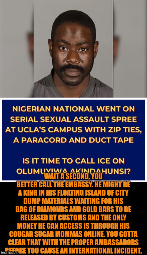 Funny | Wait a second, you better call the embassy. He might be a king in his floating island of city dump materials waiting for his bag of diamonds and gold bars to be released by customs and the only money he can access is through his cougar sugar mommas online. You gotta clear that with the proper ambassadors before you cause an international incident. | image tagged in funny,politics,nigerian prince,sexual predator,college life,ice | made w/ Imgflip meme maker