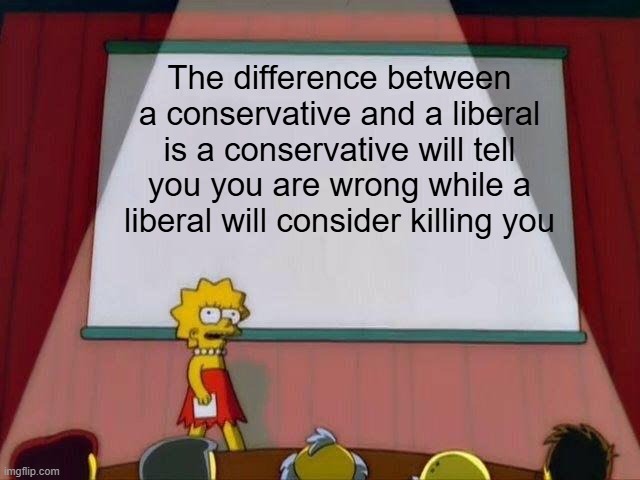 That's why so many gun violence cases are from leftists. | The difference between a conservative and a liberal is a conservative will tell you you are wrong while a liberal will consider killing you | image tagged in lisa simpson's presentation,memes | made w/ Imgflip meme maker