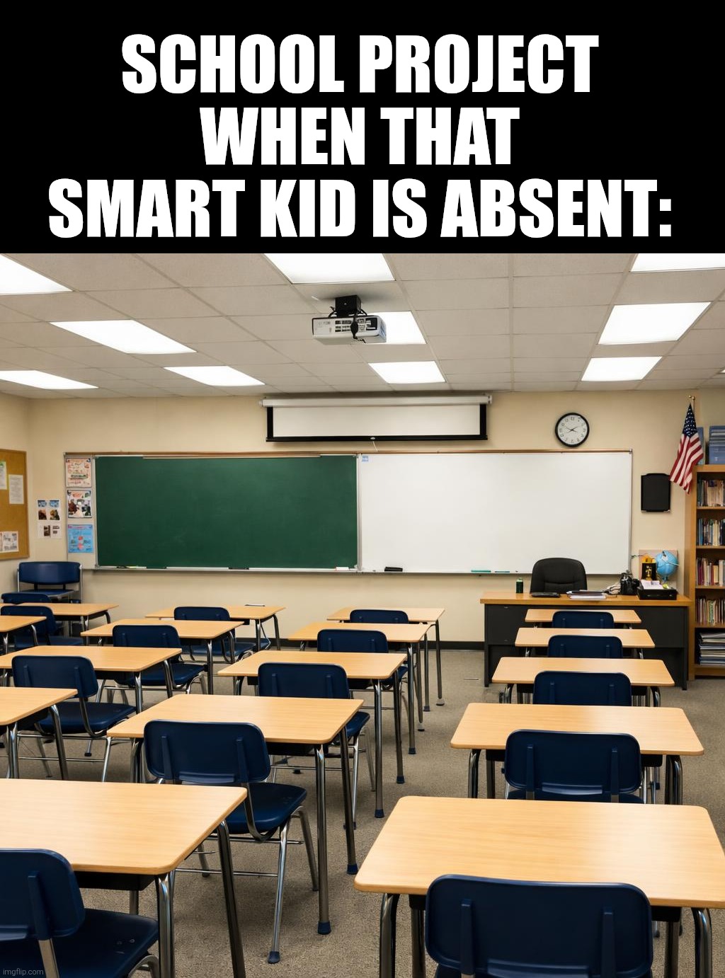 Empty classroom | School project when that smart kid is absent: | image tagged in empty classroom | made w/ Imgflip meme maker