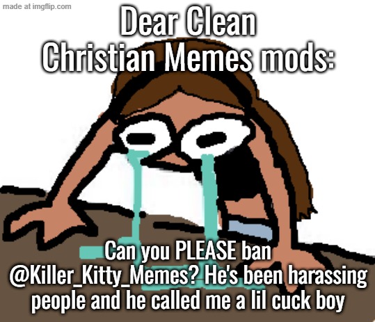 mods PLEASE (idc if you delete this, JUST PLEASE TAKE THIS SERIOUSLY) | Dear Clean Christian Memes mods:; Can you PLEASE ban @Killer_Kitty_Memes? He's been harassing people and he called me a lil cuck boy | image tagged in stary_nova emily guest 666 crying adorably | made w/ Imgflip meme maker