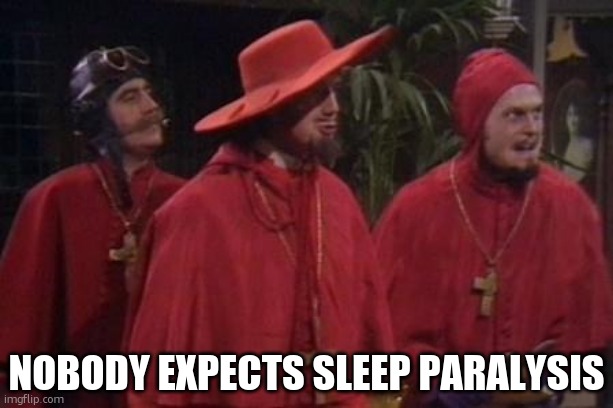 nobody expects sleep paralysis | image tagged in nobody expects the spanish inquisition monty python | made w/ Imgflip meme maker