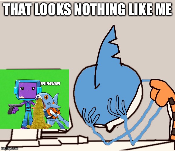 Spliff Made this Ai Slop of My Character. | That Looks Nothing Like Me | image tagged in finn the shark disappointed,anti aicp,finn the shark,spliff | made w/ Imgflip meme maker