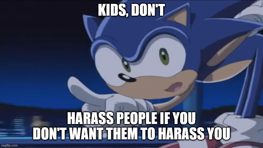 To think this applies even now. Leave them alone and they'll leave you alone. | Kids, Don't; Harass people if you don't want them to harass you | image tagged in kids don't - sonic x,sonic the hedgehog,what goes around comes around,eye for eye,tooth for tooth | made w/ Imgflip meme maker