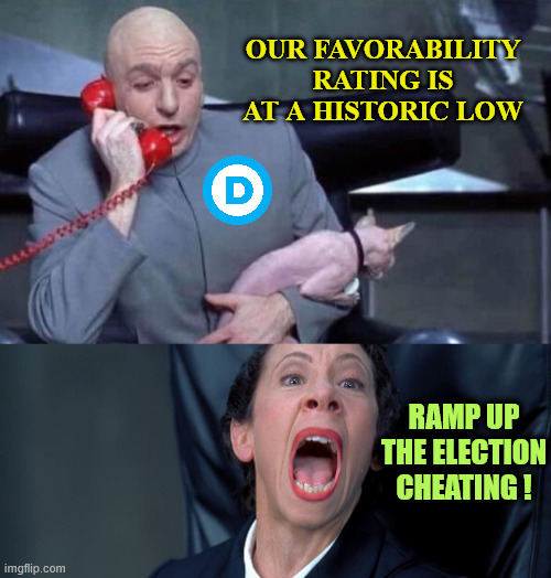 More and more mail in ballots... | Our favorability rating is at a historic low Ramp up the election cheating ! | image tagged in dr evil and frau,ramp up the election fraud,mail in ballots | made w/ Imgflip meme maker