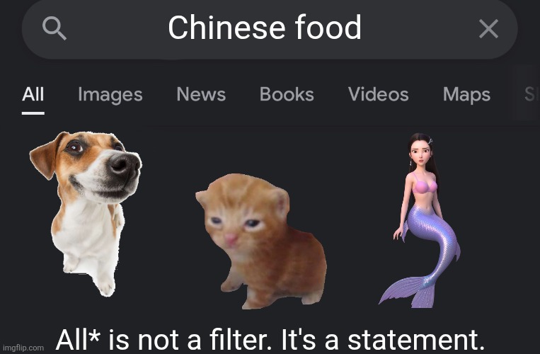 Search | Chinese food; All* is not a filter. It's a statement. | image tagged in fake search | made w/ Imgflip meme maker