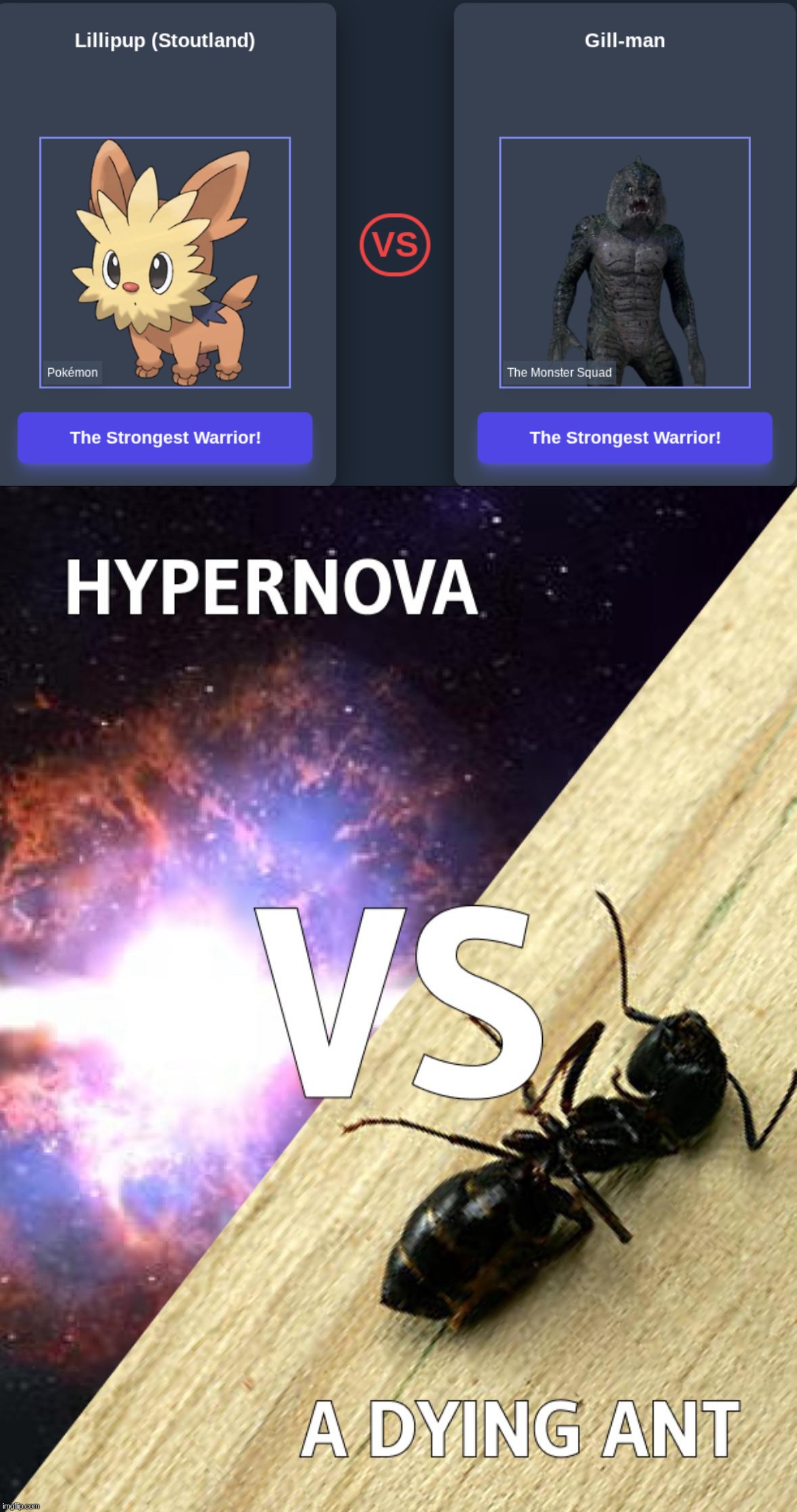 gill man RUN | image tagged in hypernova vs a dying ant | made w/ Imgflip meme maker