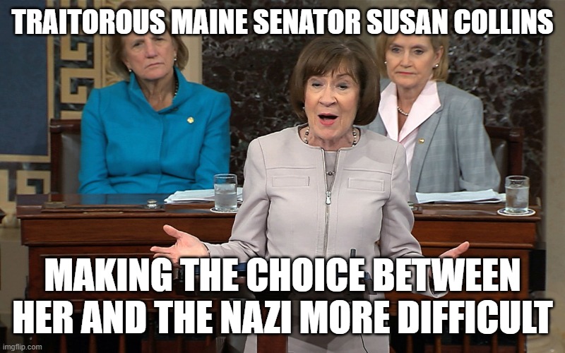 Voting against the Save Act | traitorous maine senator susan collins; making the choice between her and the nazi more difficult | image tagged in susan collins | made w/ Imgflip meme maker