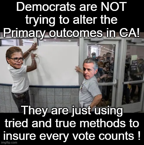 Most transparent party in history (at least their tactics are) | Democrats are NOT trying to alter the Primary outcomes in CA! They are just using tried and true methods to insure every vote counts ! | image tagged in bass newsom covering windows vote count meme | made w/ Imgflip meme maker