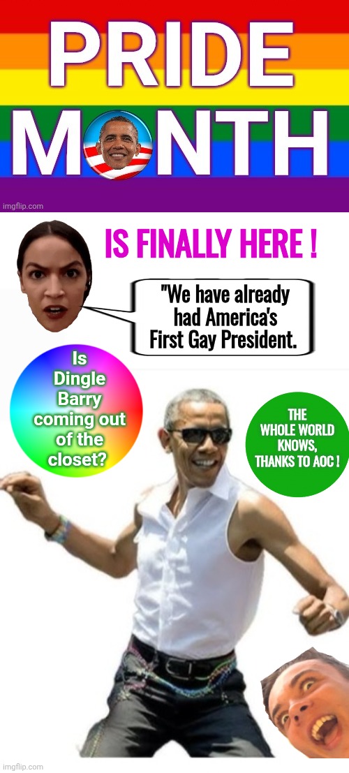 Is Dingle Barry coming out for PRIDE? | Is Finally Here ! "We have already had America's First Gay President. Is Dingle Barry coming out of the closet? The whole world knows, thanks to AOC ! | image tagged in pride month obama header,blank white template,obama pride dance,aoc | made w/ Imgflip meme maker