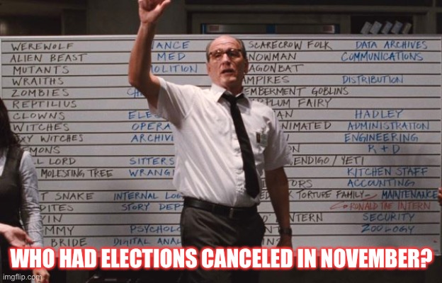 Cabin the the woods | Who had elections canceled in November? | image tagged in cabin the the woods | made w/ Imgflip meme maker
