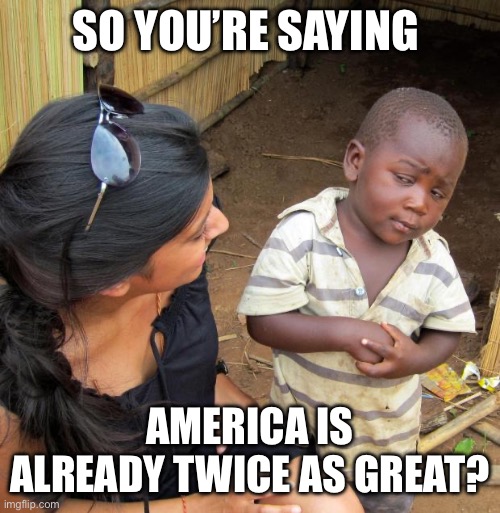 So you’re saying America is already twice as great? | image tagged in 3rd world sceptical child | made w/ Imgflip meme maker