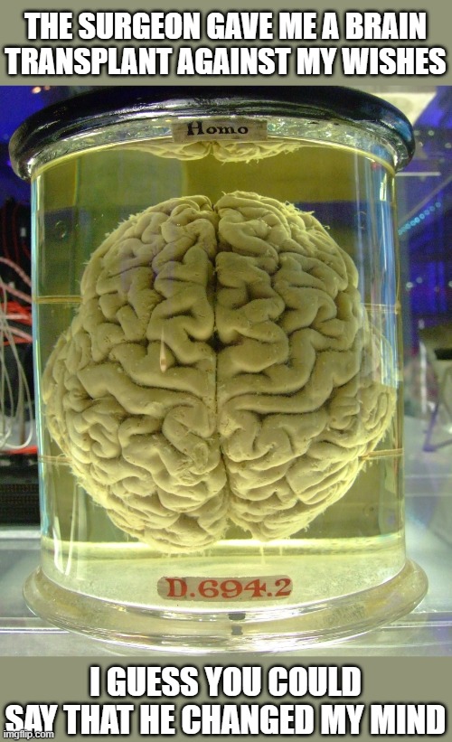 The surgeon gave me a brain transplant against my wishes.   --  funny  -- | The surgeon gave me a brain transplant against my wishes; I guess you could say that he changed my mind | image tagged in funny,humor,surgery,play on words,brain,surgeon | made w/ Imgflip meme maker