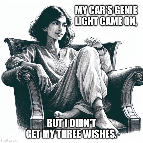 Woman sitting in an armchair | My car’s genie light came on, But I didn’t get my three wishes. | image tagged in woman sitting in an armchair | made w/ Imgflip meme maker