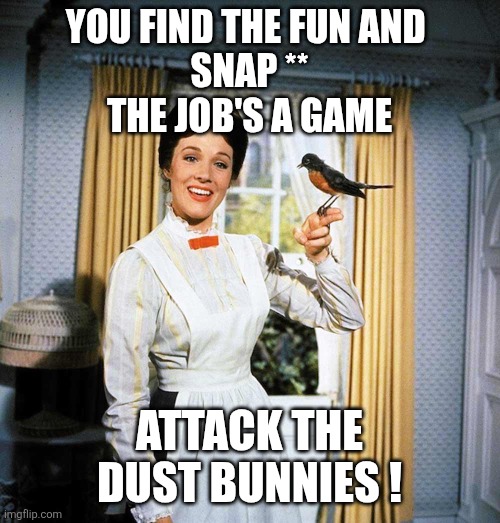 Mary Poppins | You find the fun and 
Snap **
the job's a game; Attack the dust bunnies ! | image tagged in mary poppins | made w/ Imgflip meme maker
