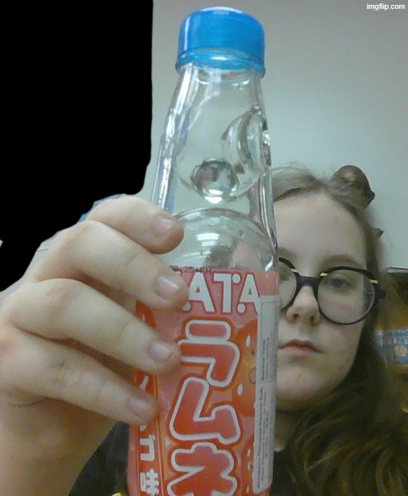 chat look at what i bought at lunch today, ramune!!!1 i got the strawberry and blueberry flavours. | made w/ Imgflip meme maker