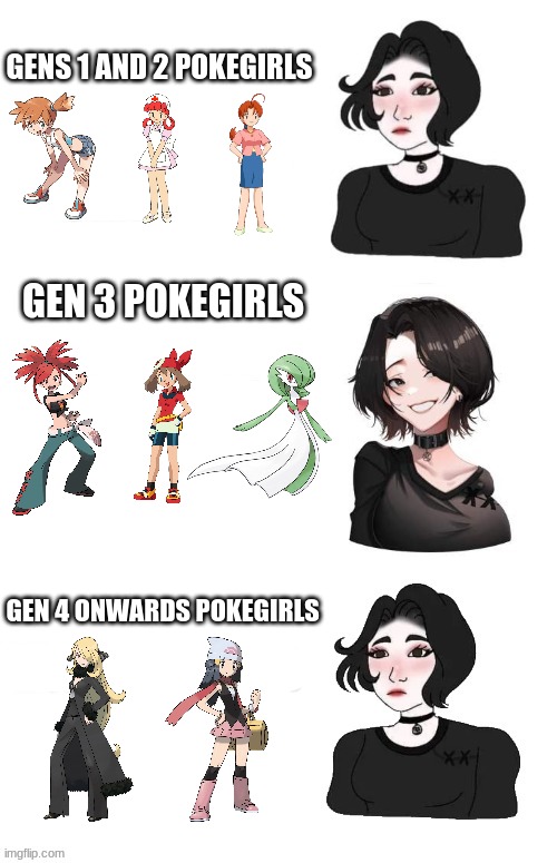 anime memes 'til halloween (week 2, pokemon) | gens 1 and 2 pokegirls; gen 3 pokegirls; gen 4 onwards pokegirls | image tagged in pokemon | made w/ Imgflip meme maker